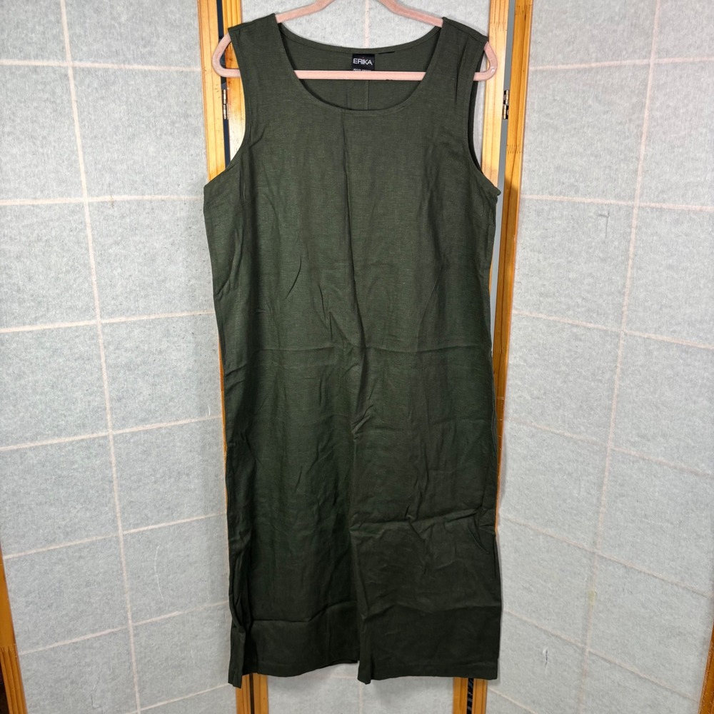 Erika Sleeveless Maxi Dress Petiteโ Olive Green Linen Blend Lagenlook Shift